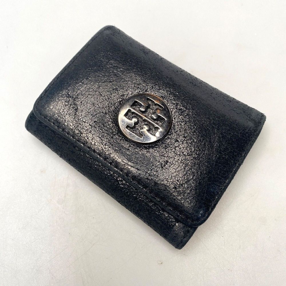 Tory Burch Black Leather Tri-Fold Key Case Mini Wallet – EUC, 5 Hooks, Crackle F - Picture 7 of 15